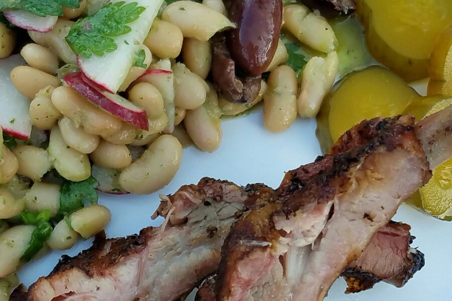 Recipes –Smoky Ribs, White Bean and Black Olive Salad, Blueberry Streusel Tart