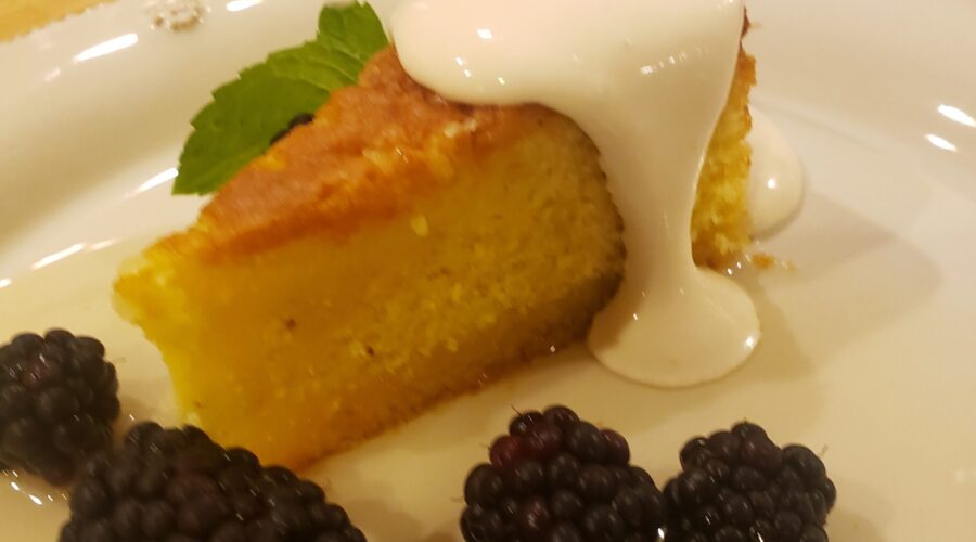 Cornmeal Cake with Sweet Rosemary Syrup and Bourbon Spiked Brown Sugar Cream