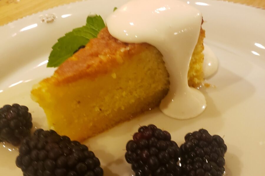 Cornmeal Cake with Sweet Rosemary Syrup and Bourbon Spiked Brown Sugar Cream